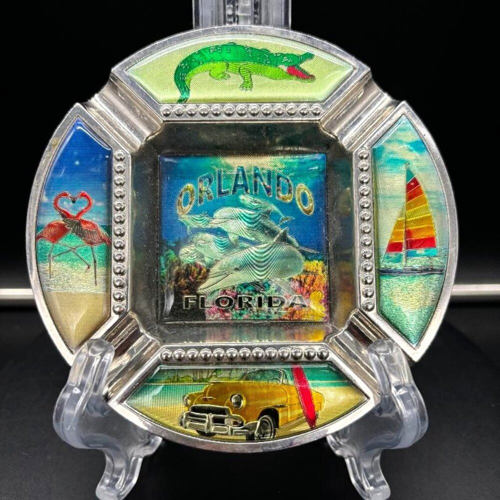 Vintage Orlando Florida Scenic Tobacciana Ashtray Metal Acrylic